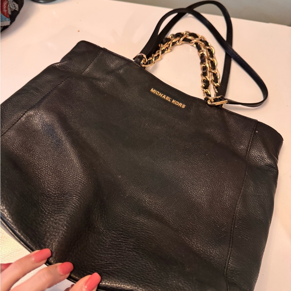 Michael Kors Black Leather Shoulder Bag with Gold Chain